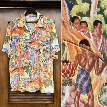 Vintage 1950’s Size L “Kamehameha” Nylon Eugene Savage Menu Print Hawaiian Shirt, 50’s Loop Collar Shirt, Vintage Clothing 