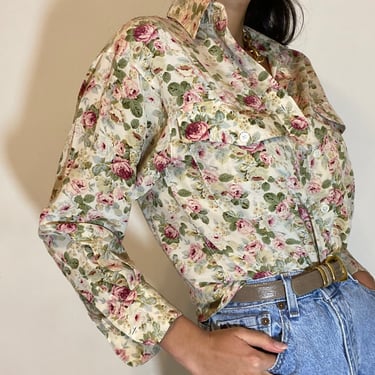 90s silk cottage floral blouse / vintage silk cottage rose flower garden pocket blouse shirt | Medium 
