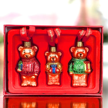 VINTAGE: Waterford Holiday Heirlooms Three Teddy Bears Ornaments in Box, Christmas Ornaments, Gift Idea 