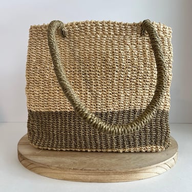 Vintage Beige Wicker Woven & Sage Green Top Handle Open Style Tote Bag 