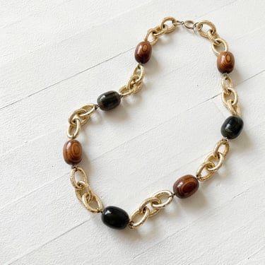 Mid Century Chunky Chain + Wood Bead Necklace 