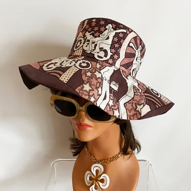 18# MOD Motorcycle People Floppy Hat • Vintage 60s 70s Groovy Sun Hat • Hippie Boho Twiggy Carnaby Street Peter Max Style Psychedelic Print 