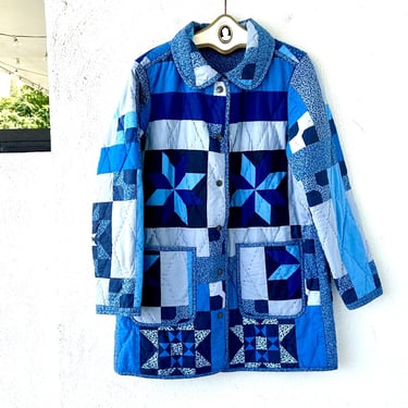 Vintage Patchwork Quilted Jacket Blue Blanket Cardigan with Collar and Pockets 