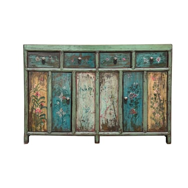 Vintage Chinese Turquoise Blue Flowers Credenza Sideboard Table Cabinet ws4609E 