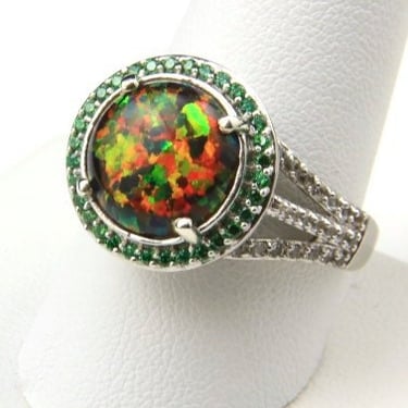 Vintage Sterling Silver Black Opal & Cubic Zirconia Ring Raised Halo Setting 10.25 