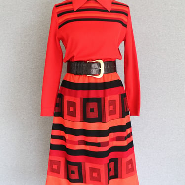 MOD - Red/Orange/Black - Shirtwaist Dress - Mid Century Modern - James Kenrob - by Dalton - Estimated size 12 