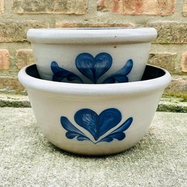 Two Piece Vintage 1992 Salt Glazed Rowe Pottery Mixing Bowl Heart Design by LeChalet