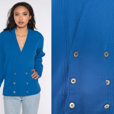 Blue Cable Knit Cardigan 80s Royal Blue Double Breasted Sweater Cableknit Button Up 80s Vintage Plain Large L 