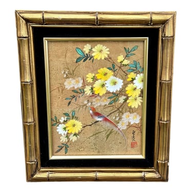 Chinoiserie Hand Painted Artwork on Cork Paper Framed Under Glass in Gold Faux Bamboo Frame 