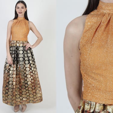 60s Gold Metallic Lounge Dress, Belted Cocktail Party Gown, Geometric Avant Garde Maxi 