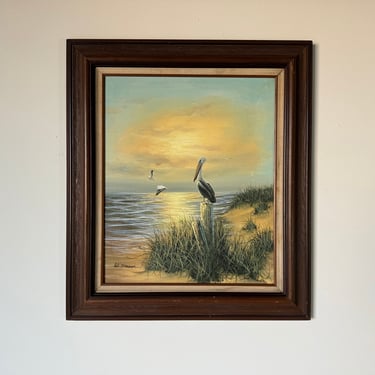 Vintage W. Dawson Impressionist Florida  Seascape  With Pelican Oil  On Canvas Painting, Framed 
