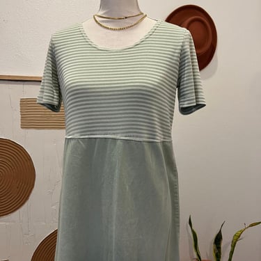 Vintage 90s USA Made Sage Green Striped Short Sleeve Cotton Dress - 10 