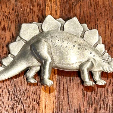 Vintage Pewter Stegosaurus Dinosaur Brooch Pin JJ Jonette Fashion Jewelry 1980s Dino 
