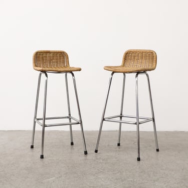 Pair of B-CHOICE - Charlotte Perriand Style Bar Stools with Warped Legs