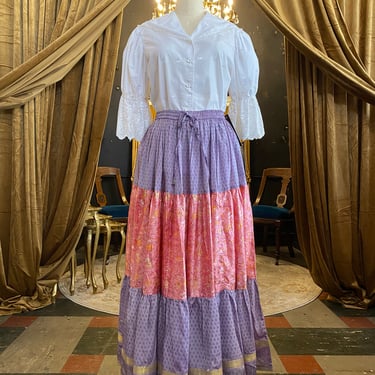 vintage maxi skirt, pink and purple, pastel silk floral, super full tiered, drawstring waist, medium, bohemian, indian print, festival, 30 