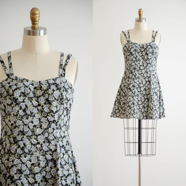 black mini dress 90s y2k vintage All That Jazz sunflower daisy floral spaghetti strap dress 