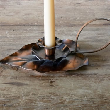 Copper Leaf Chamberstick with Hand Loop, Vintage Handcrafted Candle Holder with Carrying Handle 