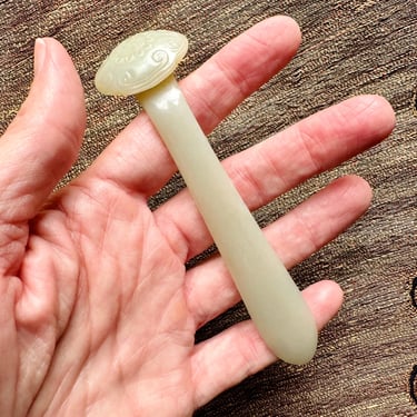 Antique Chinese Carved Jade Ruyi Scepter Hair Ornament Pin, 19th C. Qing Dynasty 