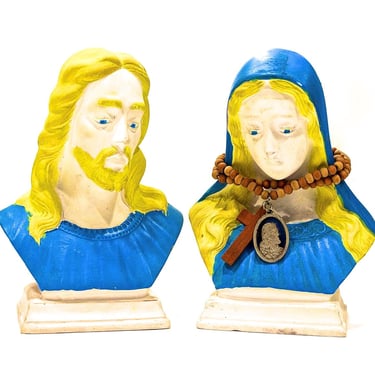 VINTAGE: Jesus and Mary Bust Set - Holland Mold - Ceramic Pottery - Book Ends - Religious Decor Relics - SKU 23-B-00012655 