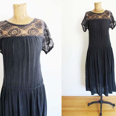 Vintage Black Gauze Cotton Midi Dress S M - Black Floaty Sundress Lace Net Panel - Boho Dark Romantic Style 
