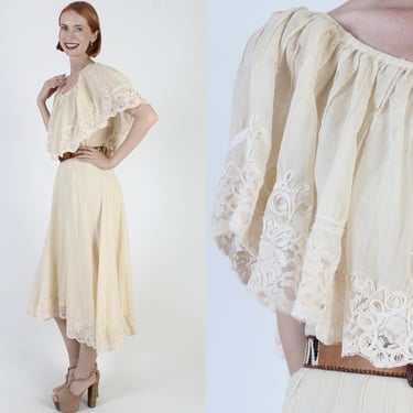 Beige Monochrome Pintuck Fiesta Dress, Vintage Draped Embroidered Capelet, Mexican Fiesta Party Outfit 