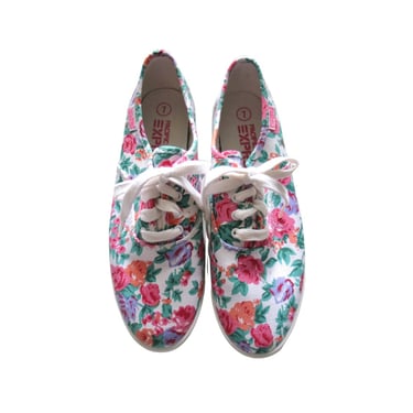 Vintage Floral Canvas Sneakers 80s 90s Lace Up Flats - Size 7 