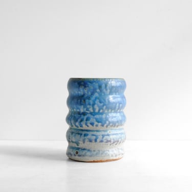 Vintage Ceramic Ribbed Vase in Blue Drip Glaze 