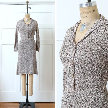 vintage 1940s 1950s knitwear • rare multi-color hand knit dress in pink, cocoa brown & white 