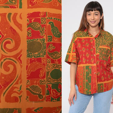 Indian Floral Shirt 90s Button up Shirt Short Sleeve Collared Batik Flower Print Top Boho Blouse Red Green Orange Cotton Vintage 1990s Large 