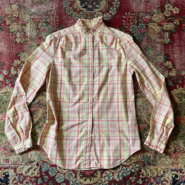Vintage ‘80s JG HOOK plaid high ruffled collar blouse | 1980s preppy shirt, ladies S 