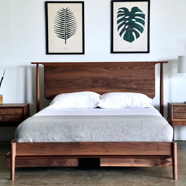 Mid Century Modern Platform Storage Bed With Storage Option / Solid Walnut Bed frame MCM Eames Style / Handmade Minimalist Home Decor 