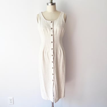 SIZE M All That Jazz Cream Linen Dress - Scoop Neck Cinched Back - Lived in Linen Shift Dress Rustic - Cream Button Front 