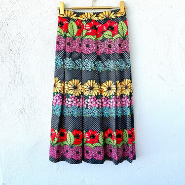 Vintage 70s Bright Floral Skirt Graphic Pleated Midi Skirt 