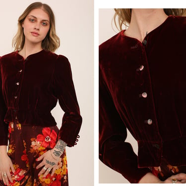 Vintage 1970s 70s Crimson Red Velvet Cropped Long Sleeve Button Up Blouse // Peplum Hem 