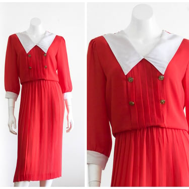 Vintage 1980s Red and White Sailor Style Blouson Dress 