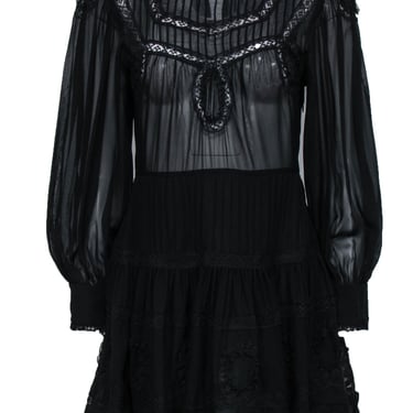 LoveShackFancy - Black Peasant-Style Silk Dress w/ Lace Sz S