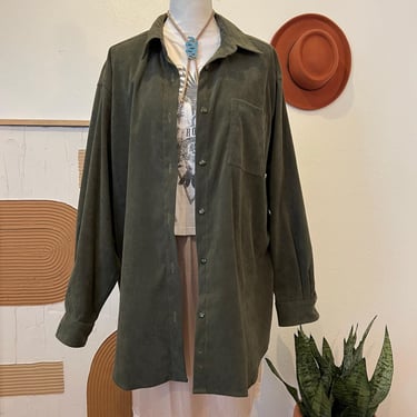 Vintage 90s Green Faux Suede Oversized Button Front Long Sleeve Shirt Shacket XL 