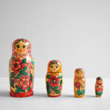Vintage Matryoshka Doll, Set of Four Nesting Russian Hand Painted Wood Dolls 