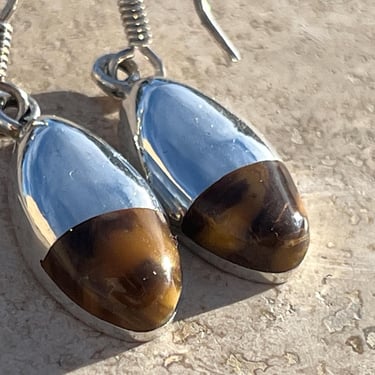 Vintage Mexico Sterling Silver and Tigers Eye Stone Dangle Hook Earrings 