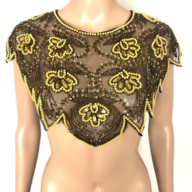 Vintage 1980s Does 1920s Art Deco Style Bronze Gold Sequined Ivory Faux Pearl Beaded Cleopatra Collar Bib Neckpiece 