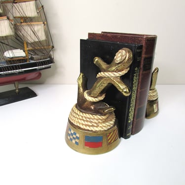 Vintage Marion Bronze Ship Anchor Bookends -Maritime Flags- Nautical -Sailors Knot- Rope- Polychrome 
