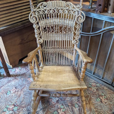 Antique Rattan and Wood Rocking Chair 24 x 32.5 x 39