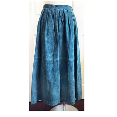 Teal SUEDE LEATHER Skirt 80's Blue Green Vintage 1980's Near MINT Midi Dress Boho Hippie 