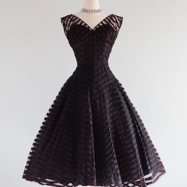 Dramatic 1950's Black Chevron Ribbon Striped Party Dress From Saks Fifth Ave / Small