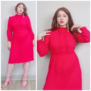 1980s Vintage Red Raspberry Swiss Dot Blouson Dress / 80s / Eighties Elastic Sheer Fit and Flare Dress / Size Medium 