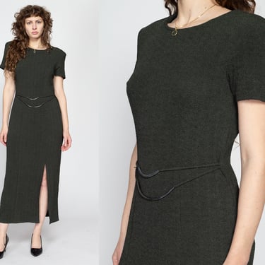 Medium 80s Olive Green Maxi Grunge Dress | Vintage Metal Belt Stretchy Short Sleeve Side Slit Dress 