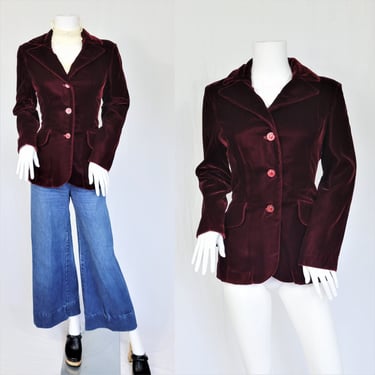 1970's Burgundy Rayon Velevet 3 Button Balzer I Jacket I Suit Coat I Sz Med I Marc Bolen I Rocker 