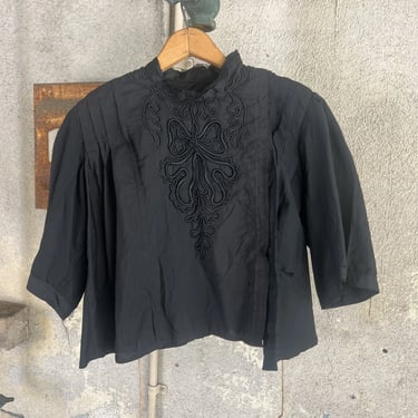 Antique Edwardian Black Cotton Blouse Bow Embroidery Top  Dress Bodice Vintage