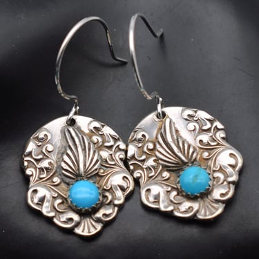 70's ornate turquoise and silver plate leaf & vine shield dangle earrings w/sterling ear wires 