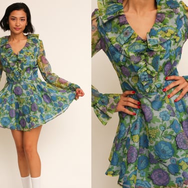 Vintage 1970s 70s Blue Psychedelic Floral Long Sleeve Ruffle Babydoll Mini Dress 